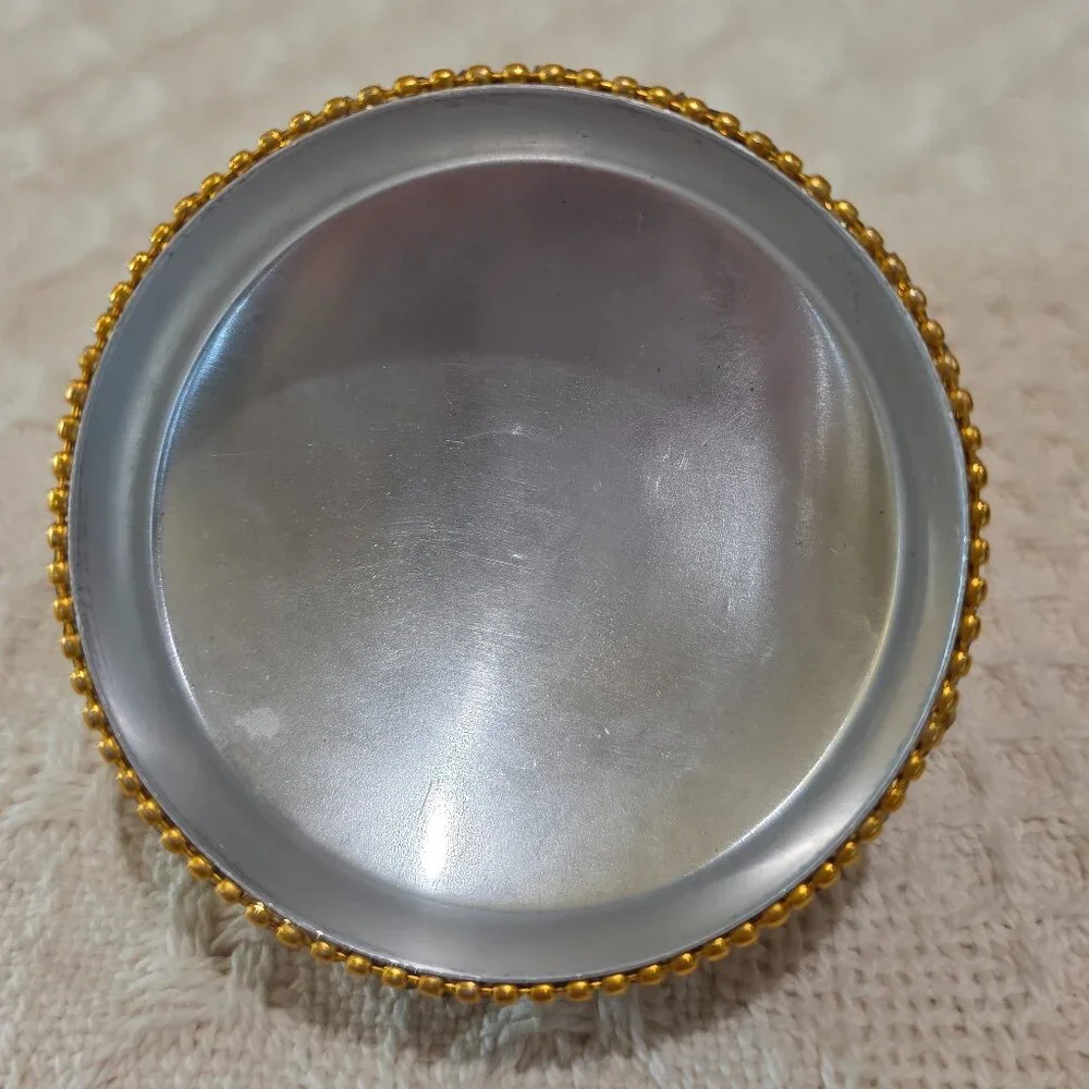 Vintage Gold Bead Pearl & Rhinestone Encrusted Metal Trinket Gift Vanity Box